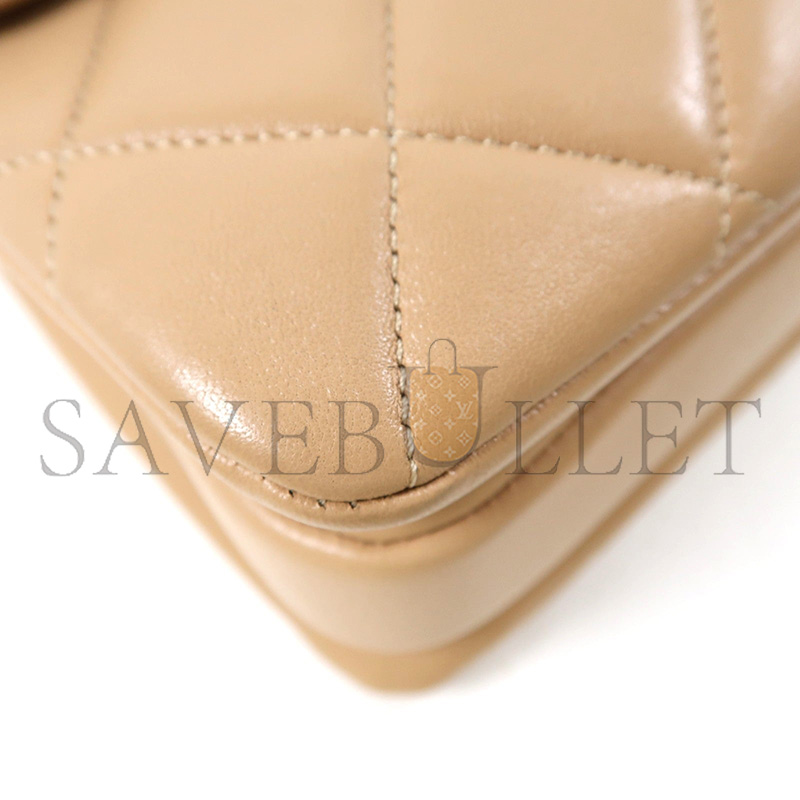 CHANEL COWHIDE LEATHER CHAIN SHOULDER GOLD BUCKLE HANDLE SHOULDER BAG BEIGE  (25*17*9cm)